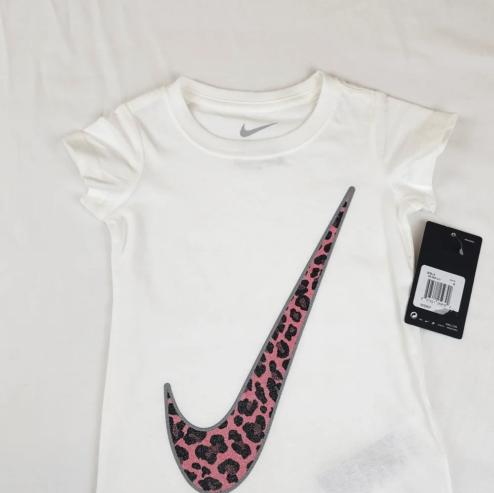 Nike White T-Shirt with Pink Leopard Swoosh